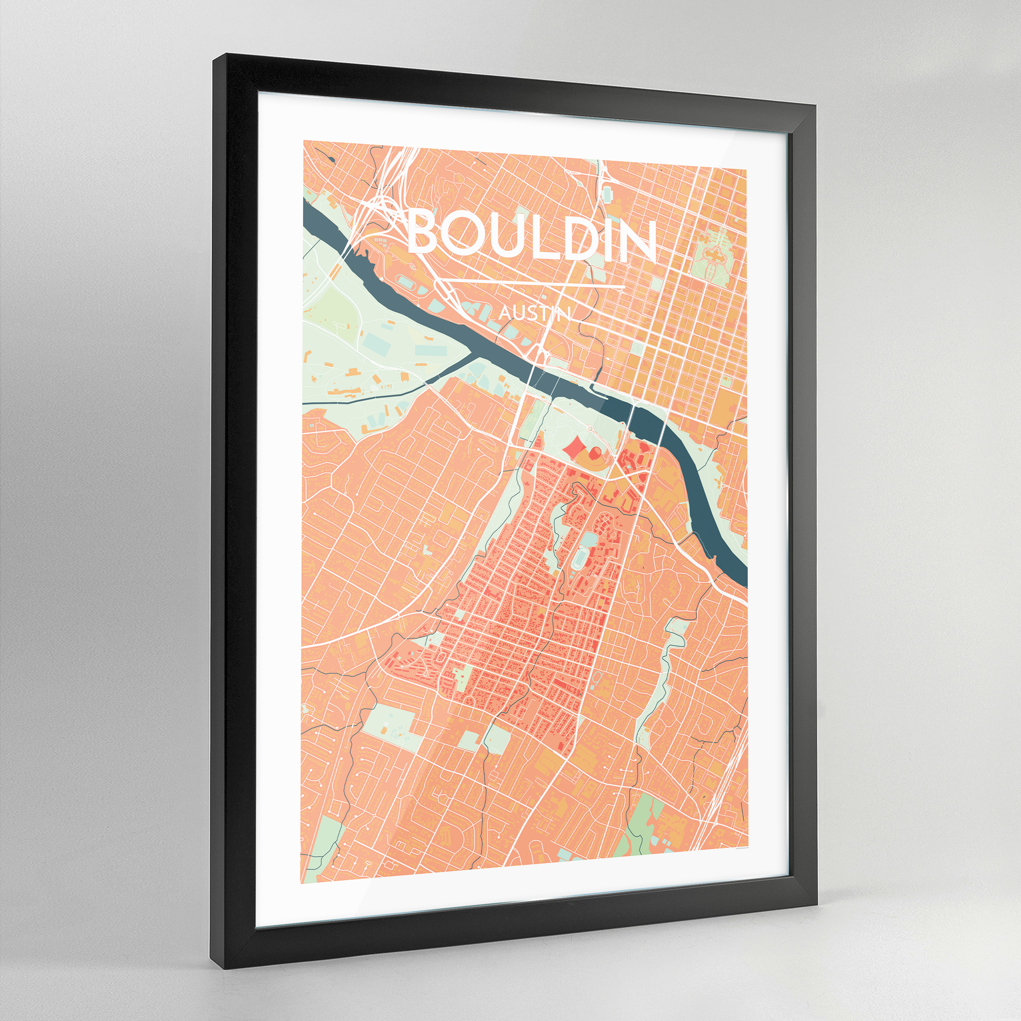 Framed Bouldin Neighbourhood of Austin Map Art Print - Point Two Design