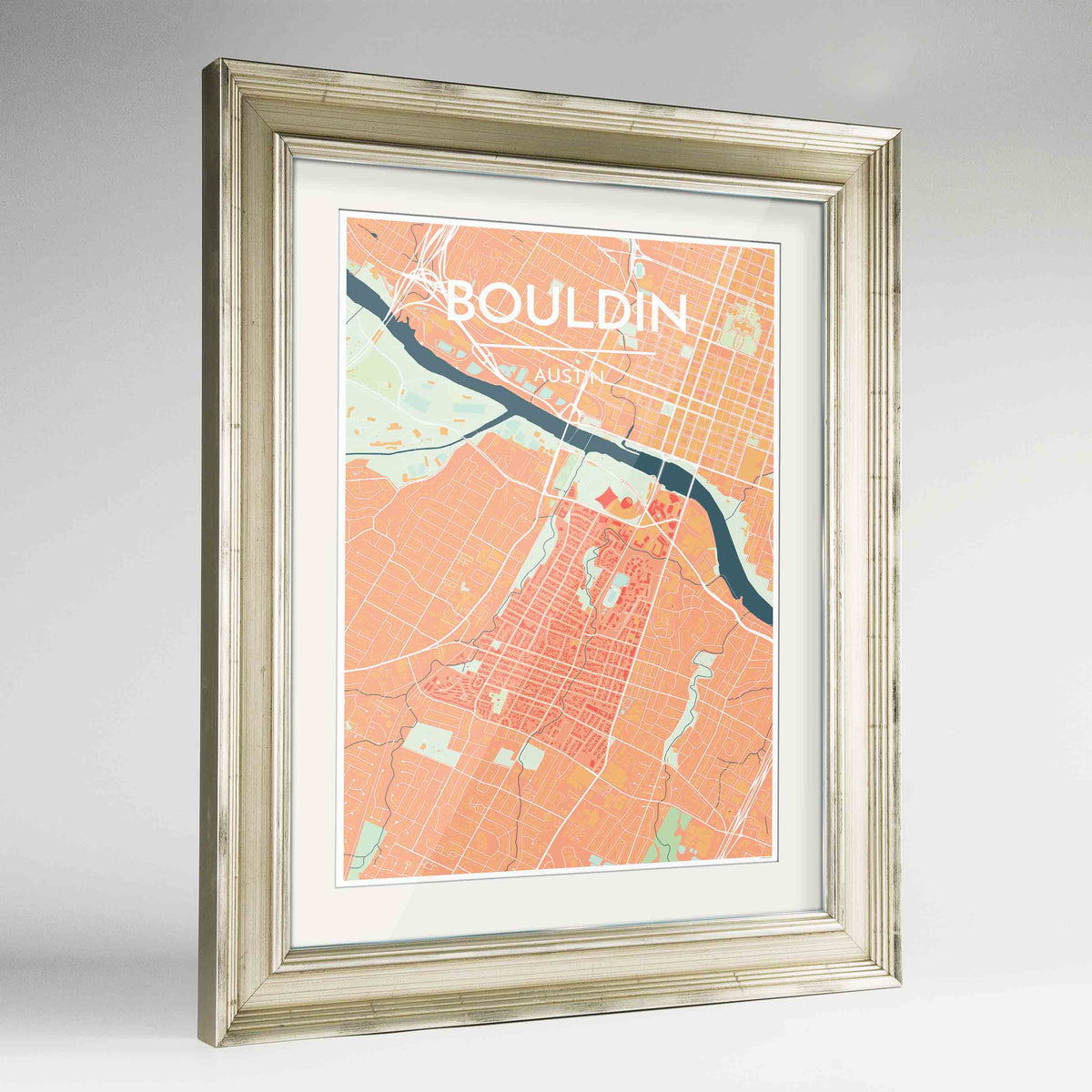 Framed Bouldin Neighbourhood of Austin Map Art Print 24x36&quot; Champagne frame Point Two Design Group