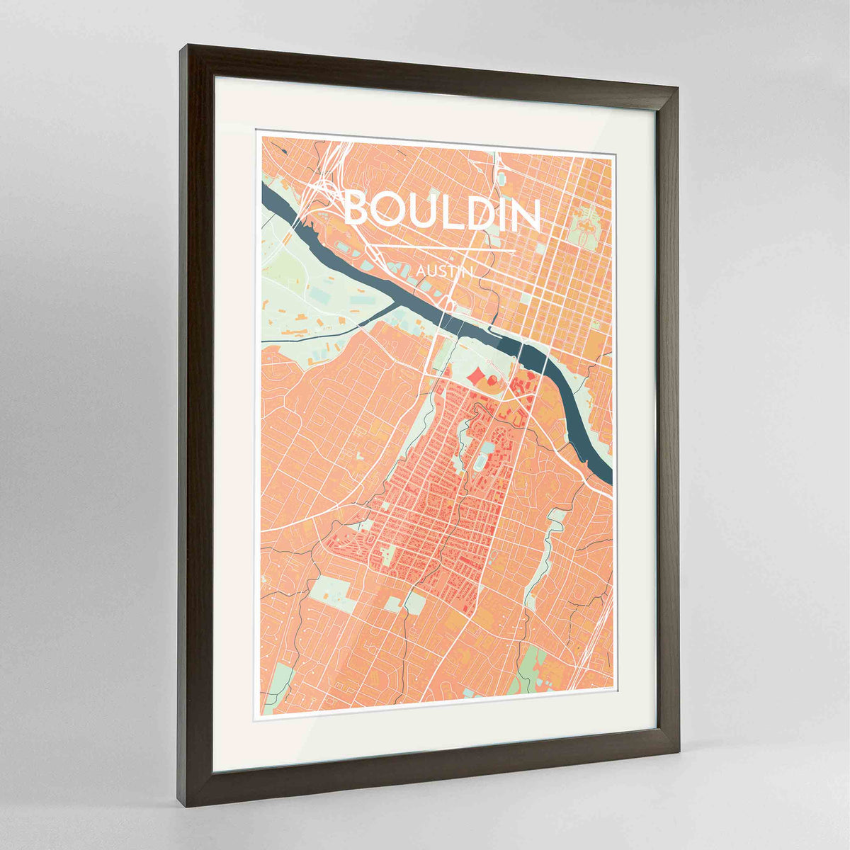 Framed Bouldin Neighbourhood of Austin Map Art Print 24x36&quot; Contemporary Walnut frame Point Two Design Group