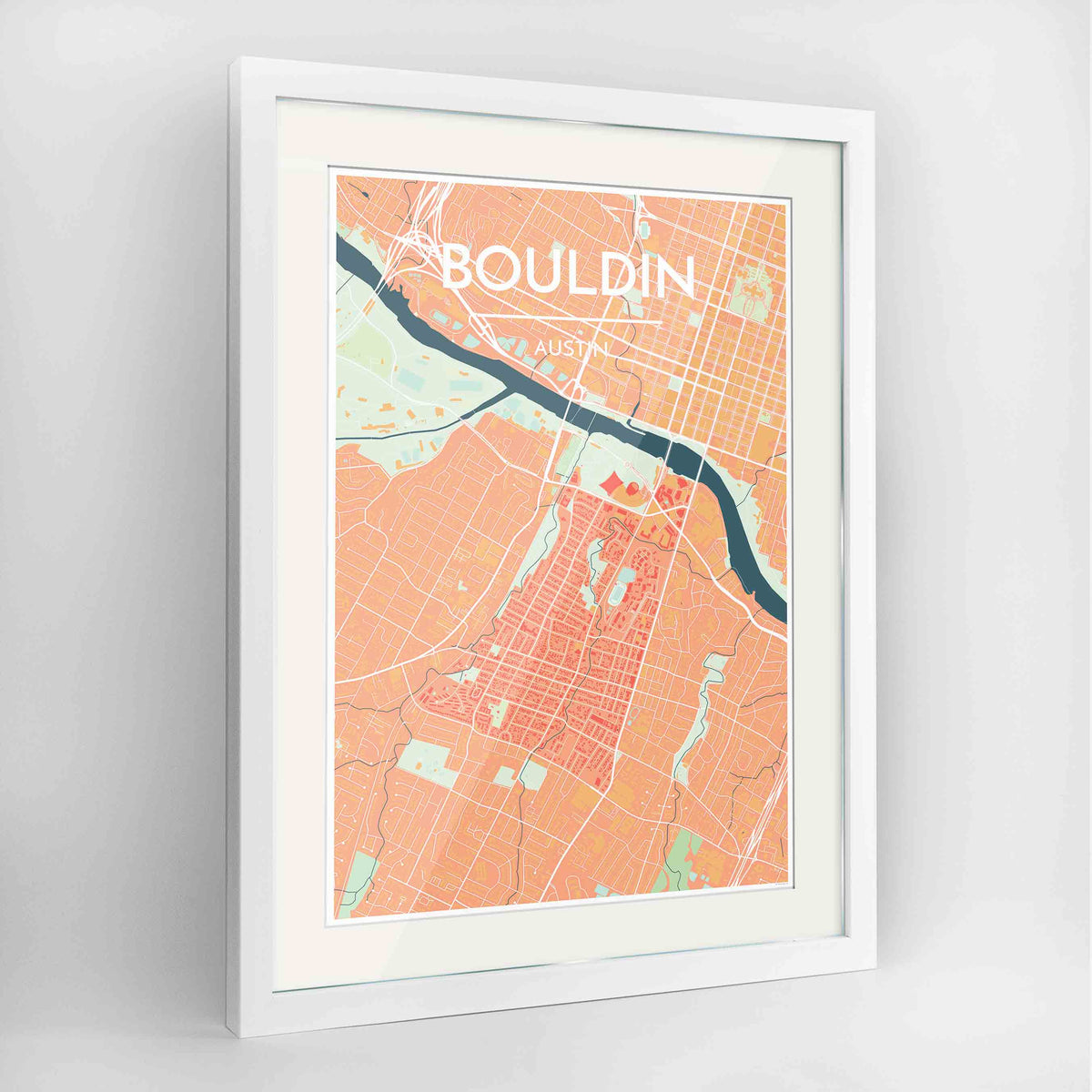 Framed Bouldin Neighbourhood of Austin Map Art Print 24x36&quot; Contemporary White frame Point Two Design Group