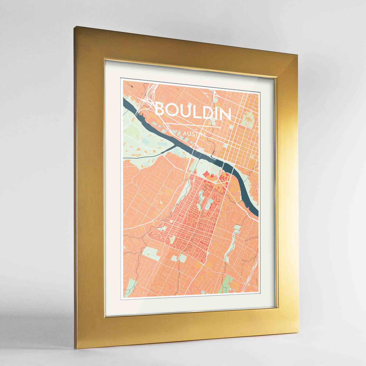 Framed Bouldin Neighbourhood of Austin Map Art Print 24x36&quot; Gold frame Point Two Design Group