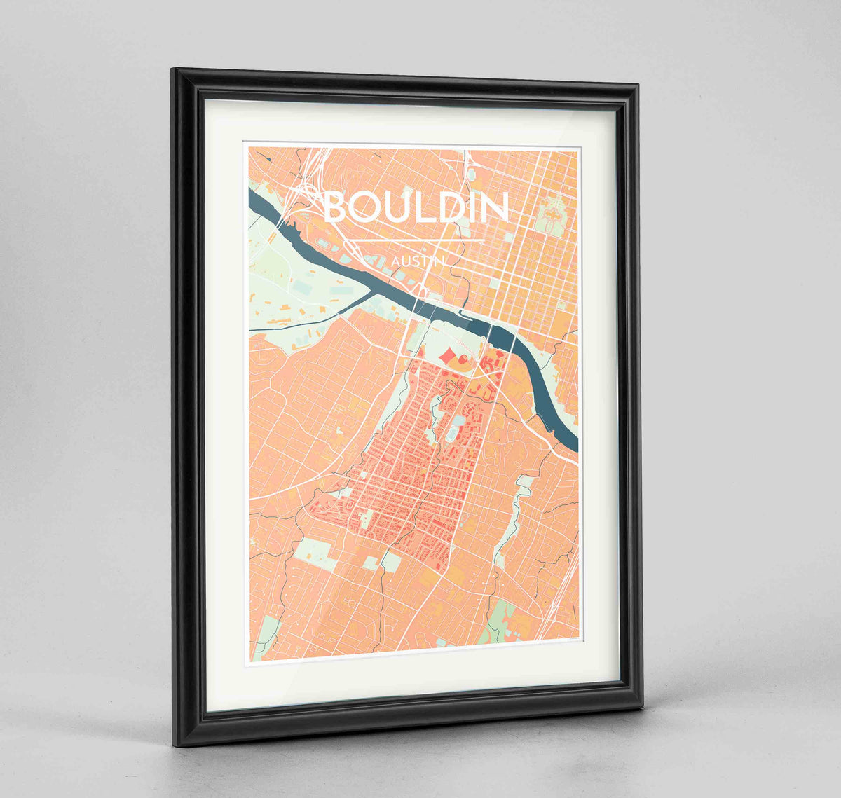 Framed Bouldin Neighbourhood of Austin Map Art Print 24x36&quot; Traditional Black frame Point Two Design Group