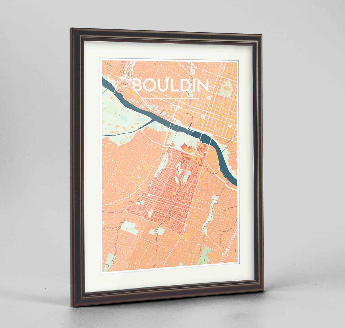 Framed Bouldin Neighbourhood of Austin Map Art Print 24x36&quot; Traditional Walnut frame Point Two Design Group