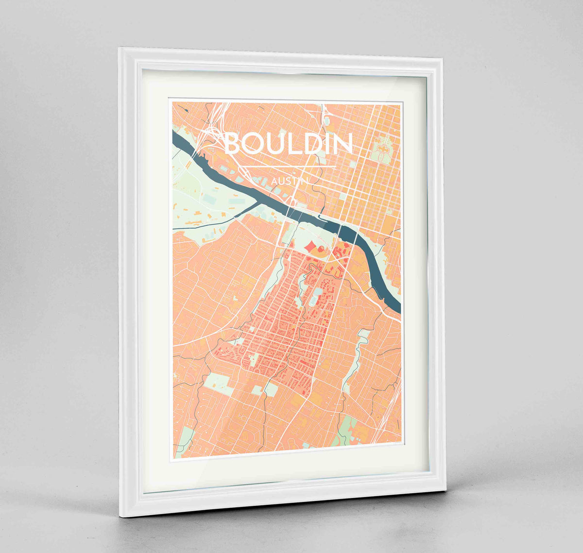Framed Bouldin Neighbourhood of Austin Map Art Print 24x36&quot; Traditional White frame Point Two Design Group