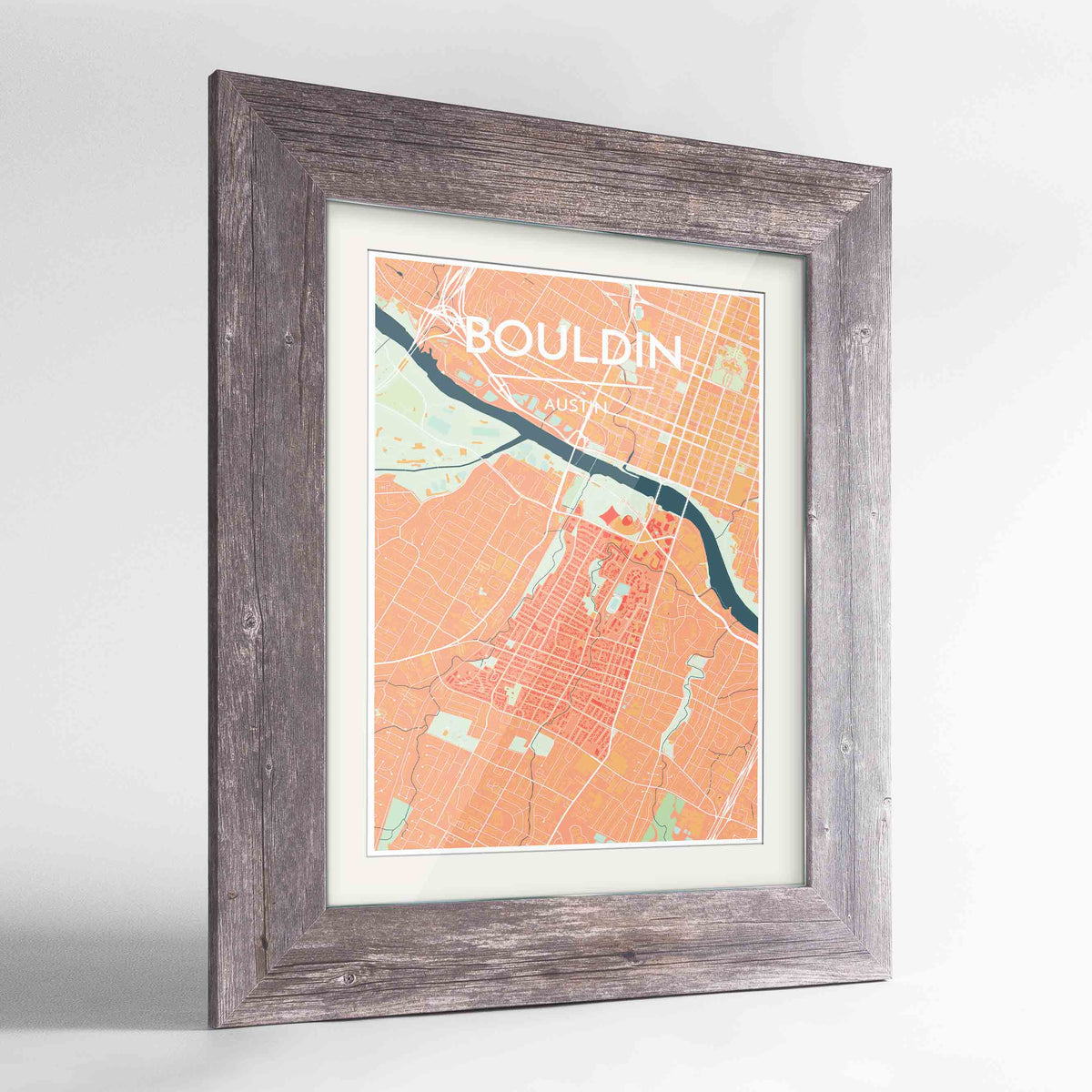 Framed Bouldin Neighbourhood of Austin Map Art Print 24x36&quot; Western Grey frame Point Two Design Group