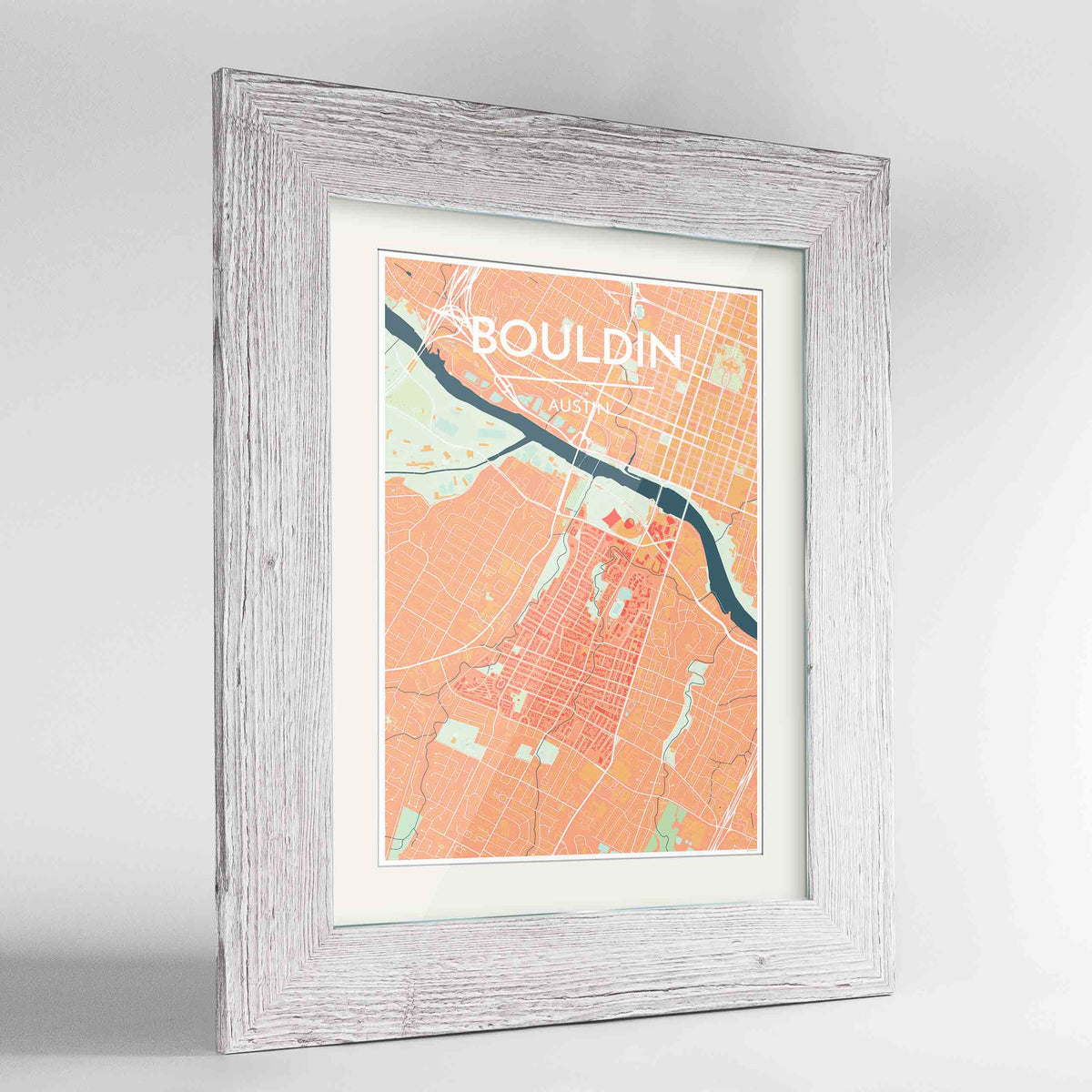 Framed Bouldin Neighbourhood of Austin Map Art Print 24x36&quot; Western White frame Point Two Design Group