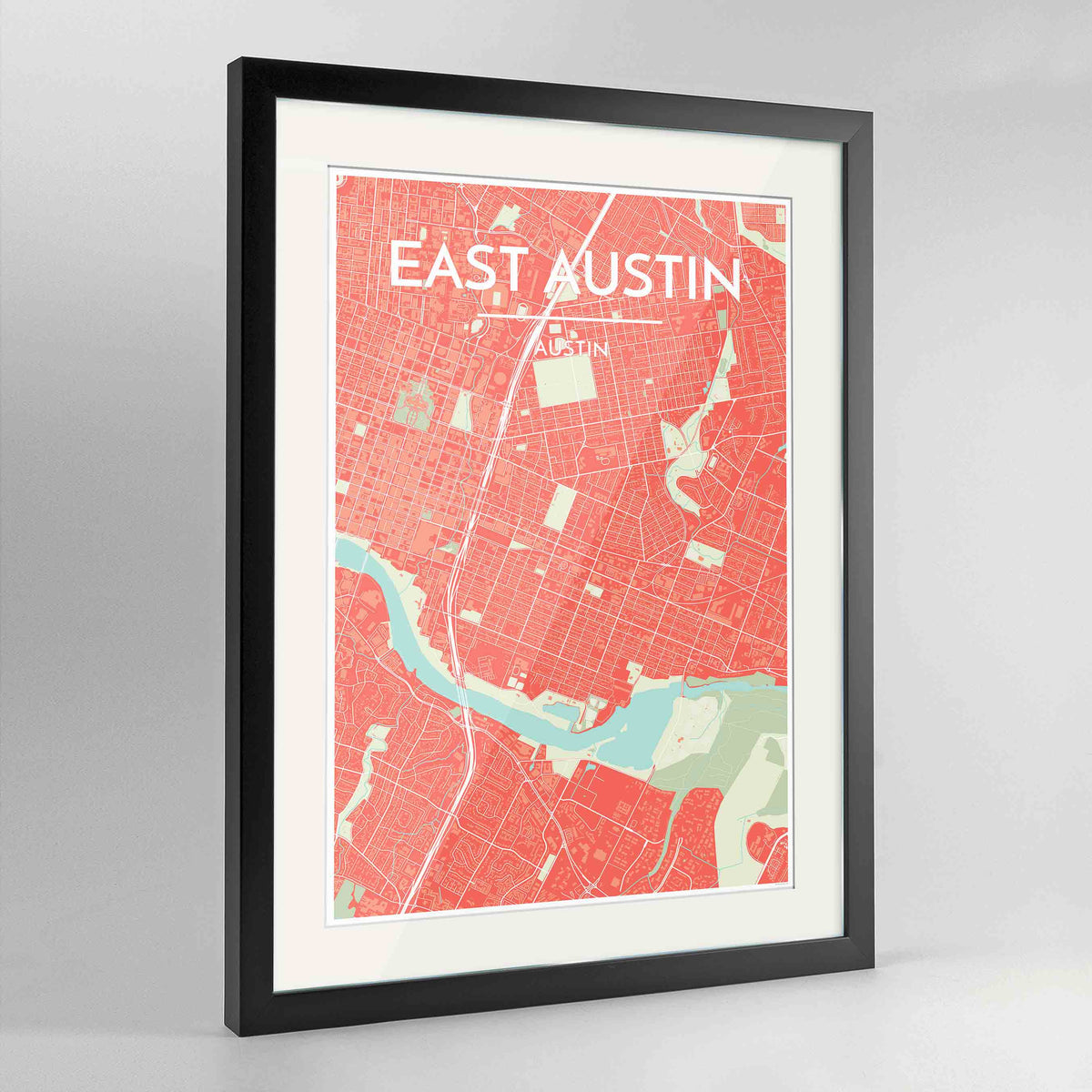 Framed East Austin Neighbourhood of Austin Map Art Print 24x36&quot; Contemporary Black frame Point Two Design Group