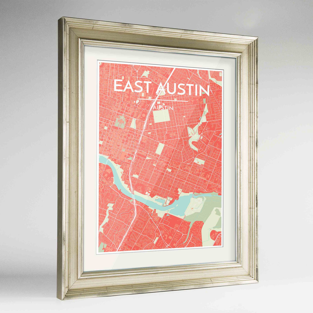 Framed East Austin Neighbourhood of Austin Map Art Print 24x36&quot; Champagne frame Point Two Design Group