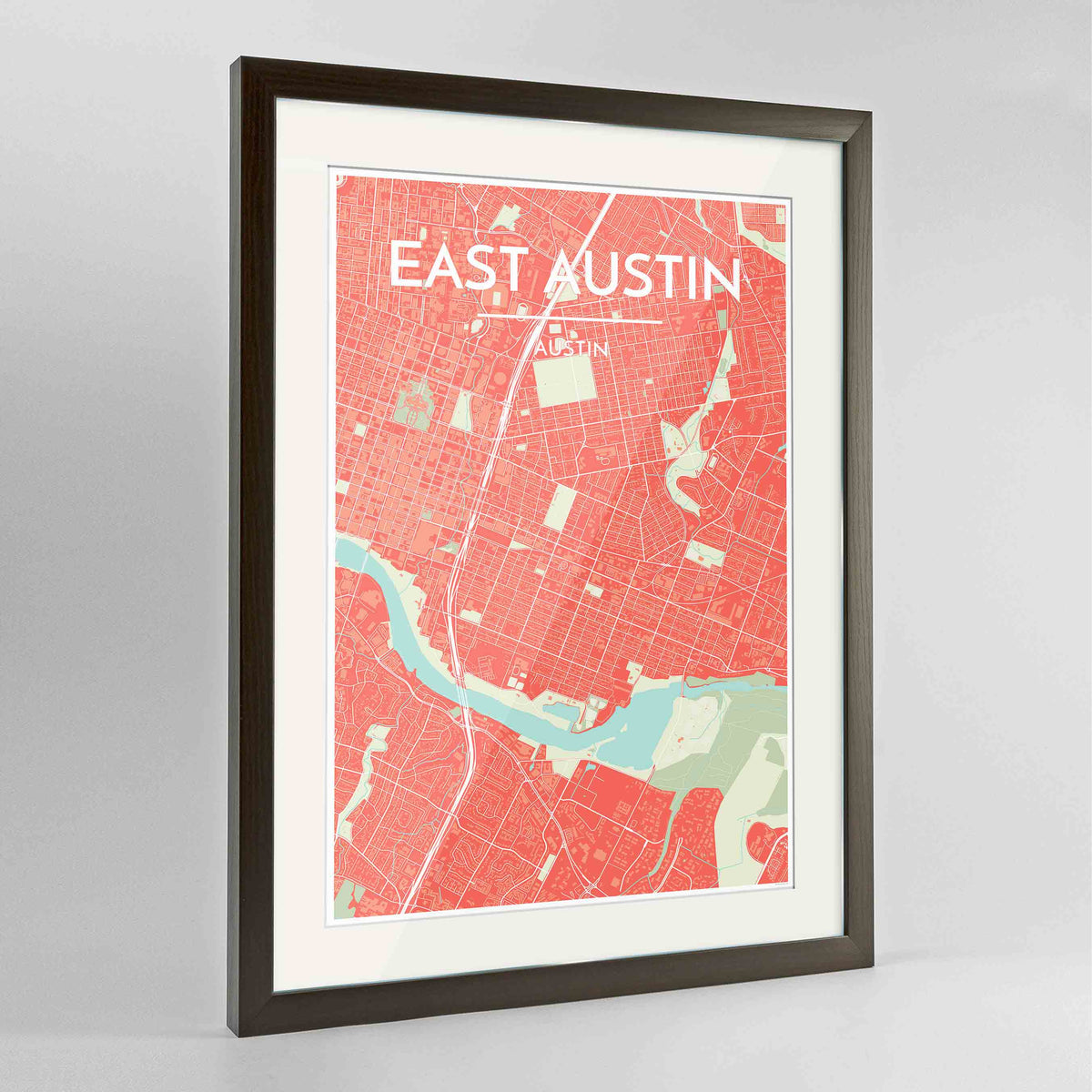 Framed East Austin Neighbourhood of Austin Map Art Print 24x36&quot; Contemporary Walnut frame Point Two Design Group