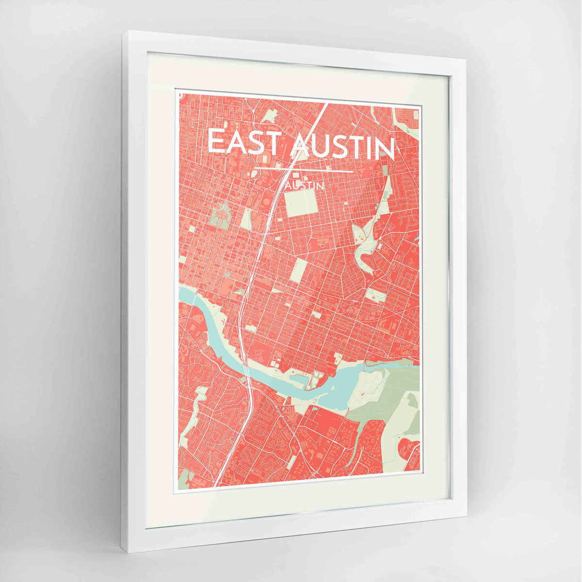 Framed East Austin Neighbourhood of Austin Map Art Print 24x36&quot; Contemporary White frame Point Two Design Group