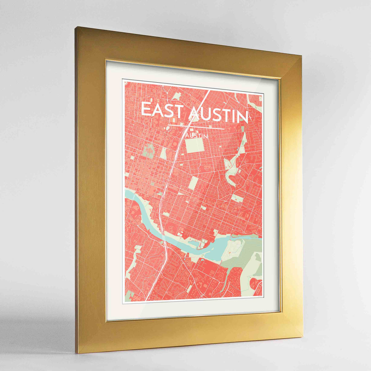Framed East Austin Neighbourhood of Austin Map Art Print 24x36&quot; Gold frame Point Two Design Group