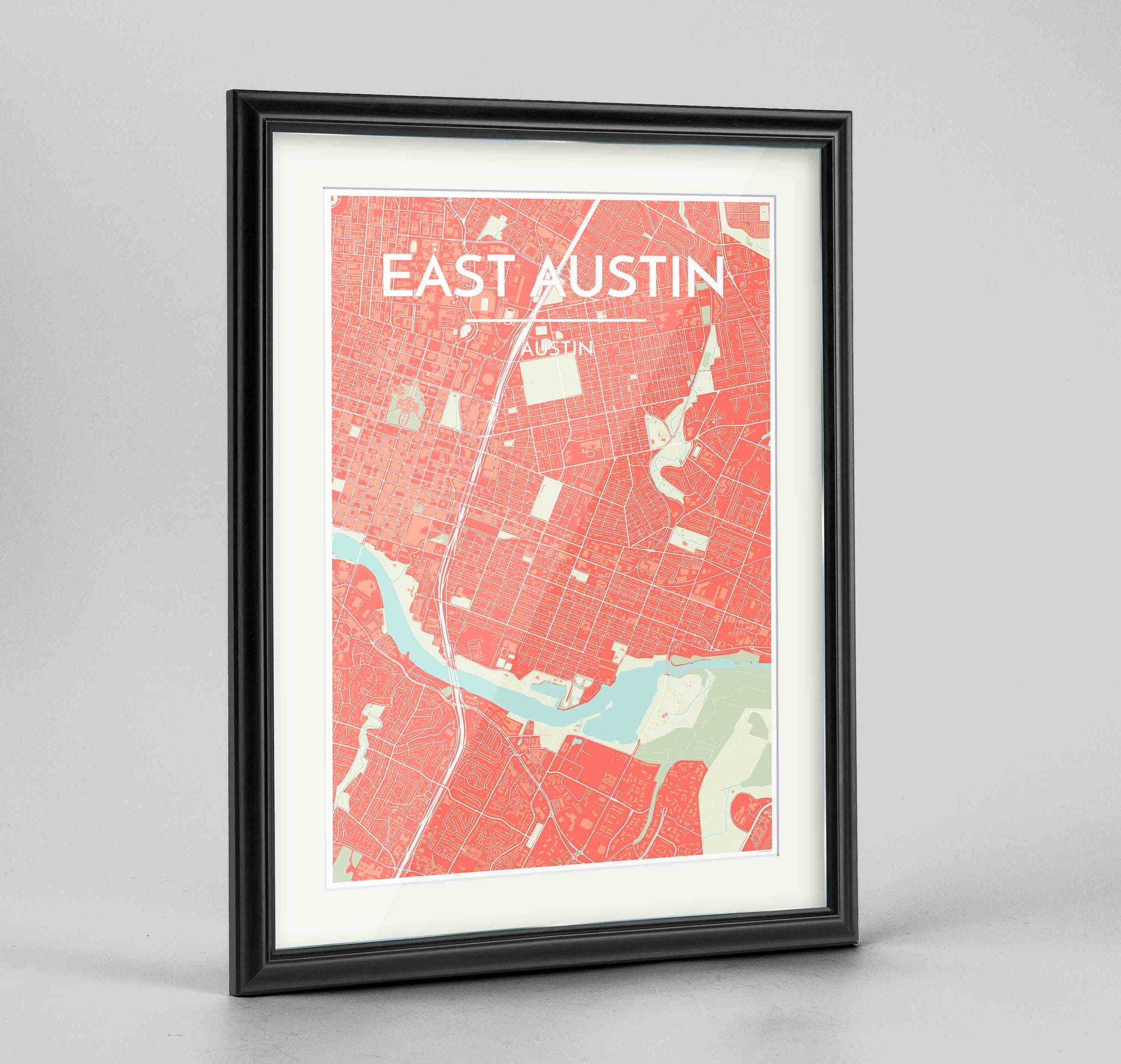 Framed East Austin Neighbourhood of Austin Map Art Print 24x36" Traditional Black frame Point Two Design Group