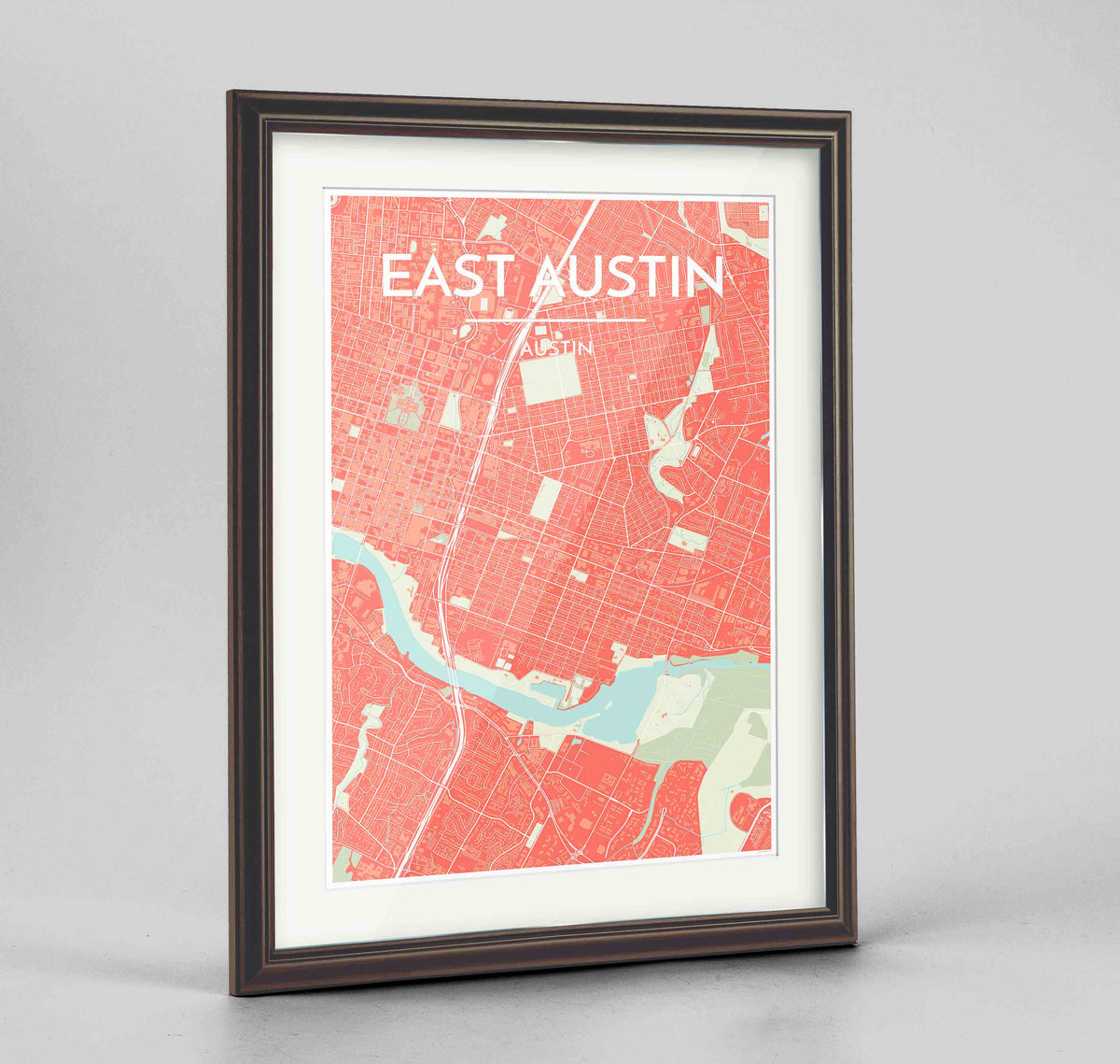 Framed East Austin Neighbourhood of Austin Map Art Print 24x36&quot; Traditional Walnut frame Point Two Design Group