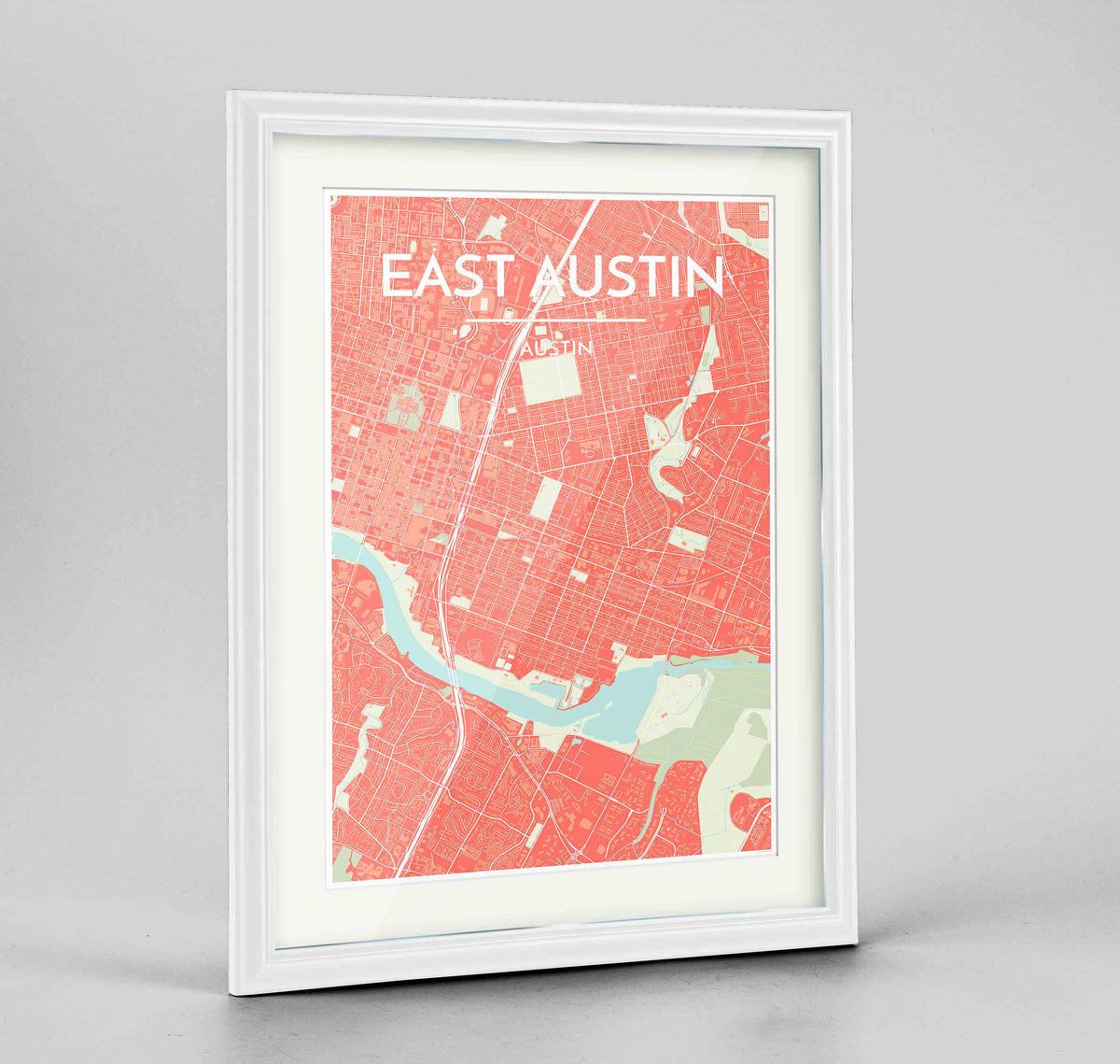 Framed East Austin Neighbourhood of Austin Map Art Print 24x36&quot; Traditional White frame Point Two Design Group