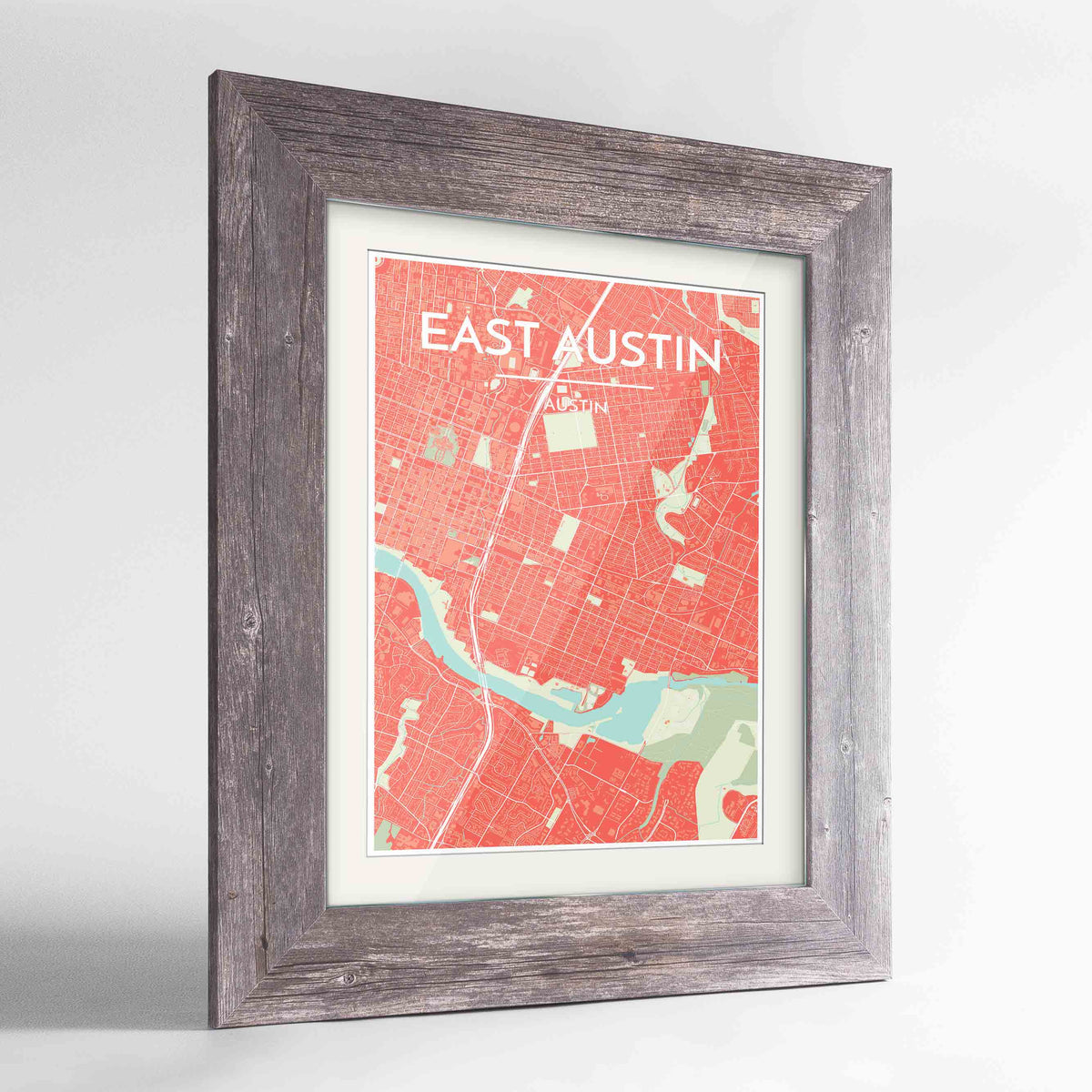 Framed East Austin Neighbourhood of Austin Map Art Print 24x36&quot; Western Grey frame Point Two Design Group