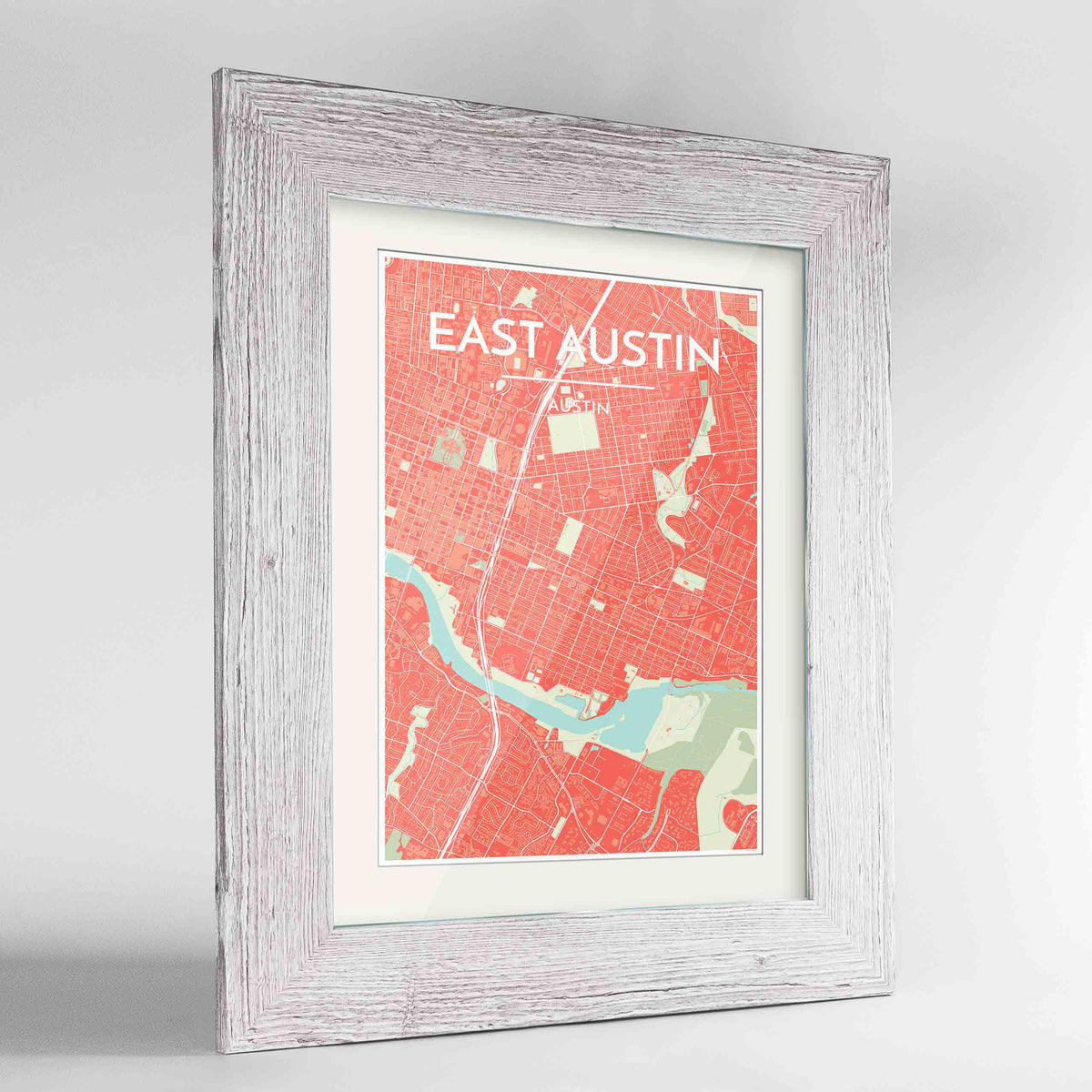 Framed East Austin Neighbourhood of Austin Map Art Print 24x36&quot; Western White frame Point Two Design Group