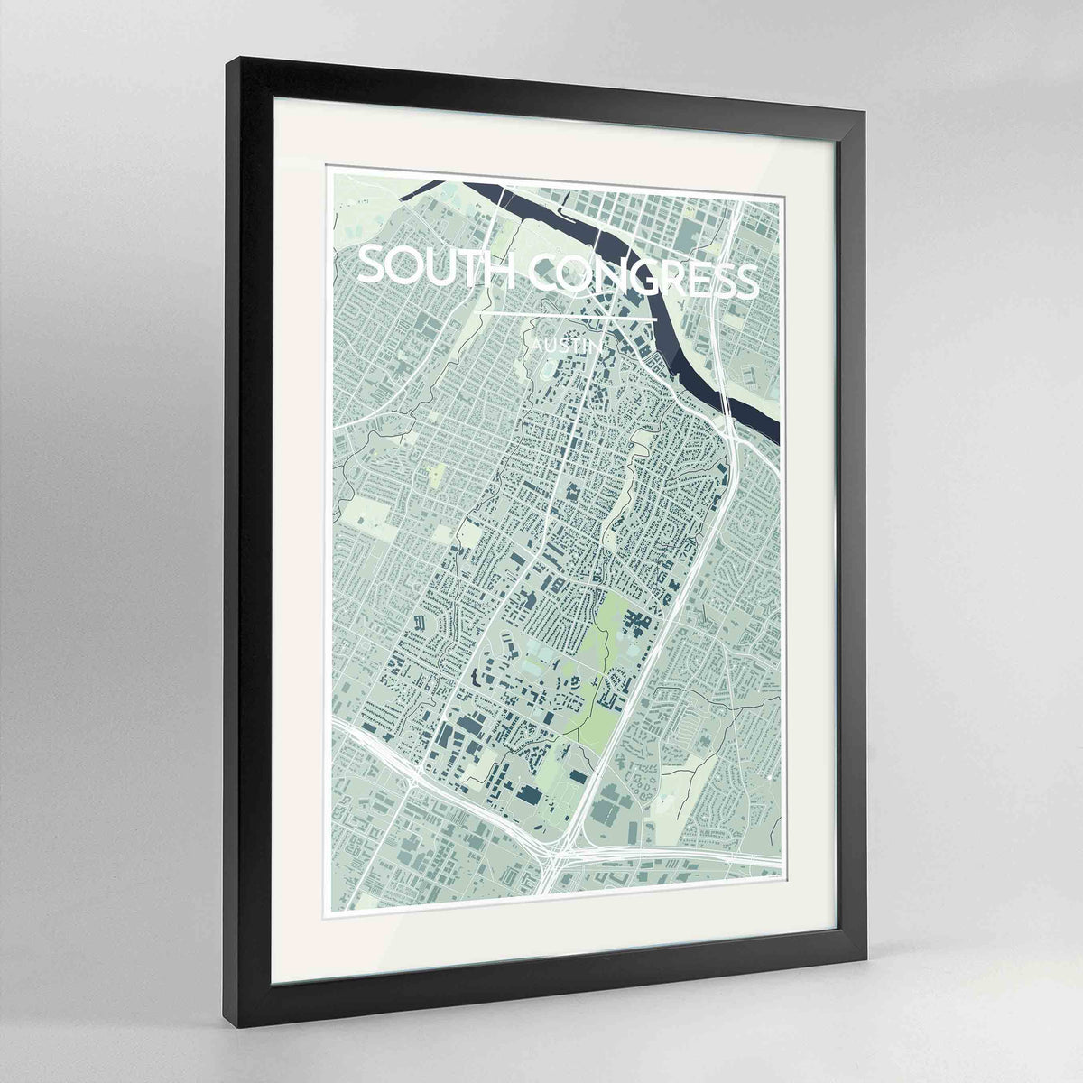 Framed South Congress Neighbourhood of Austin Map Art Print 24x36&quot; Contemporary Black frame Point Two Design Group