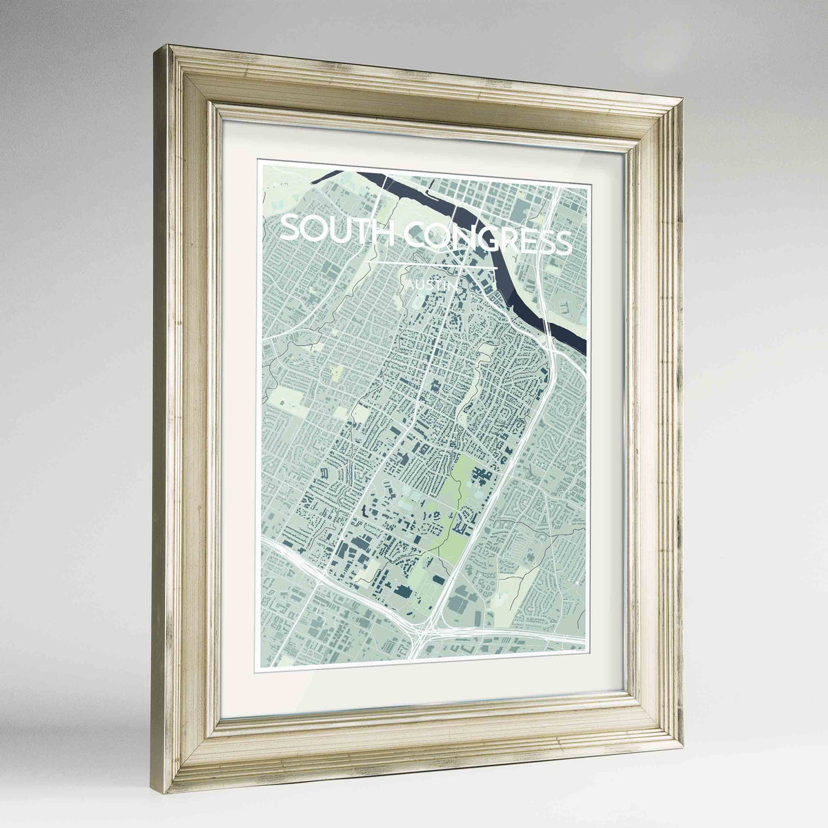 Framed South Congress Neighbourhood of Austin Map Art Print 24x36&quot; Champagne frame Point Two Design Group