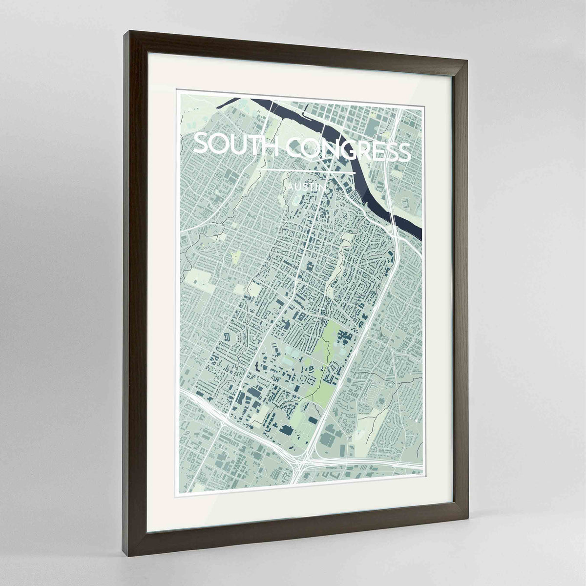 Framed South Congress Neighbourhood of Austin Map Art Print 24x36&quot; Contemporary Walnut frame Point Two Design Group