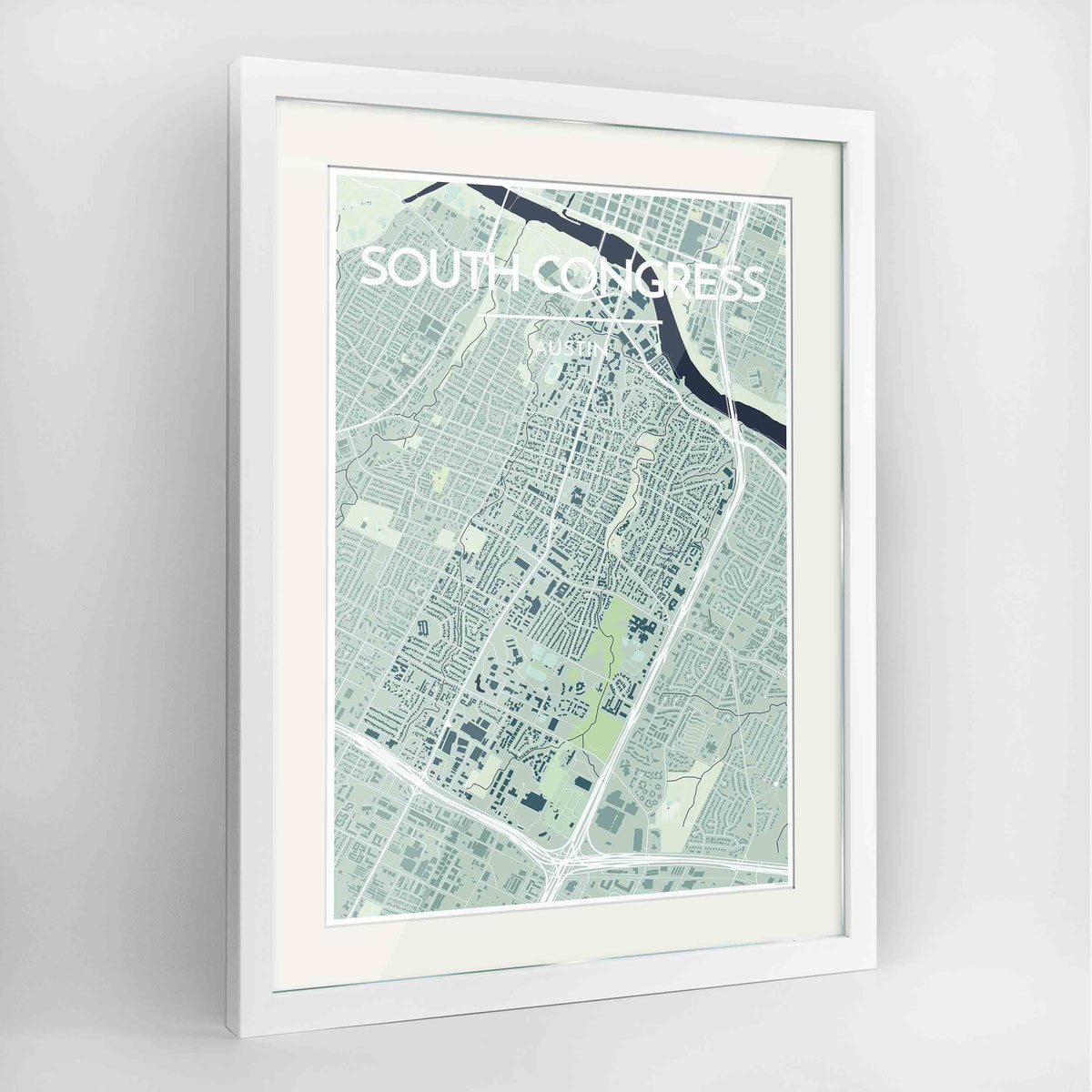 Framed South Congress Neighbourhood of Austin Map Art Print 24x36&quot; Contemporary White frame Point Two Design Group