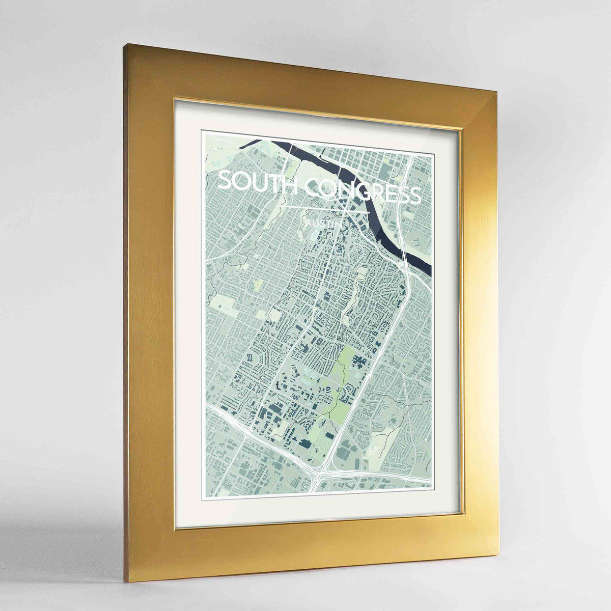 Framed South Congress Neighbourhood of Austin Map Art Print 24x36&quot; Gold frame Point Two Design Group