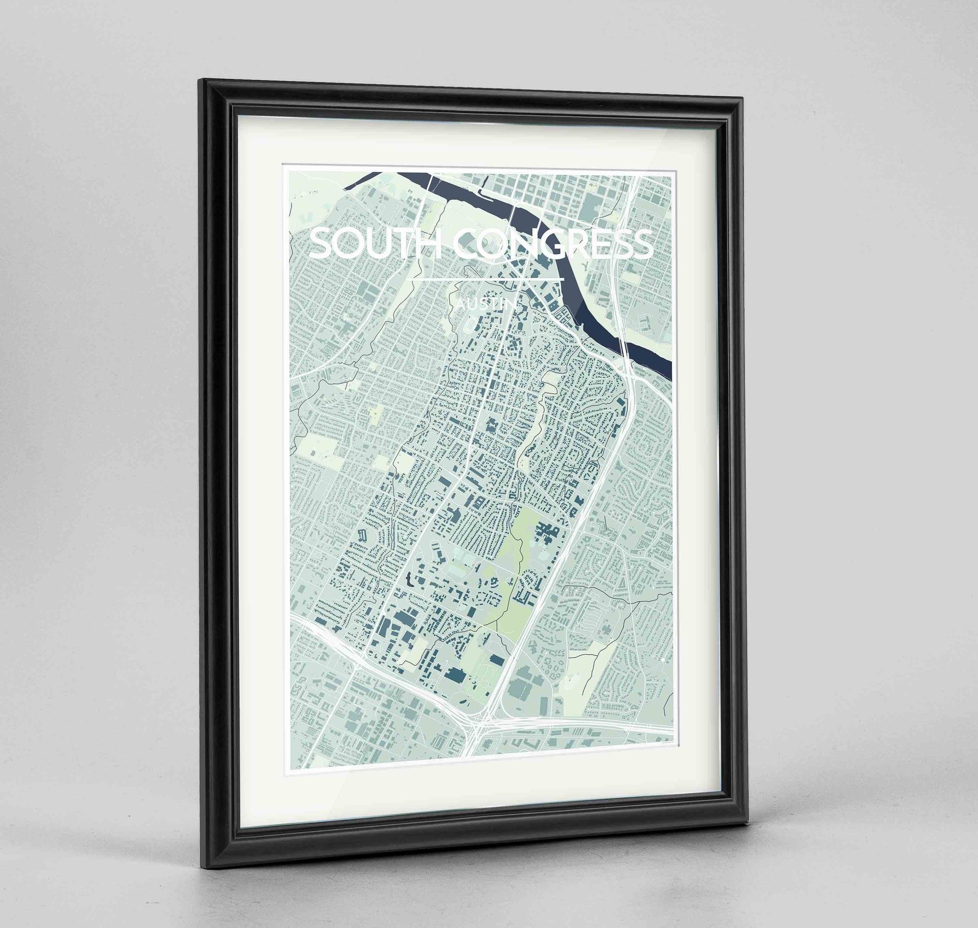 Framed South Congress Neighbourhood of Austin Map Art Print 24x36" Traditional Black frame Point Two Design Group