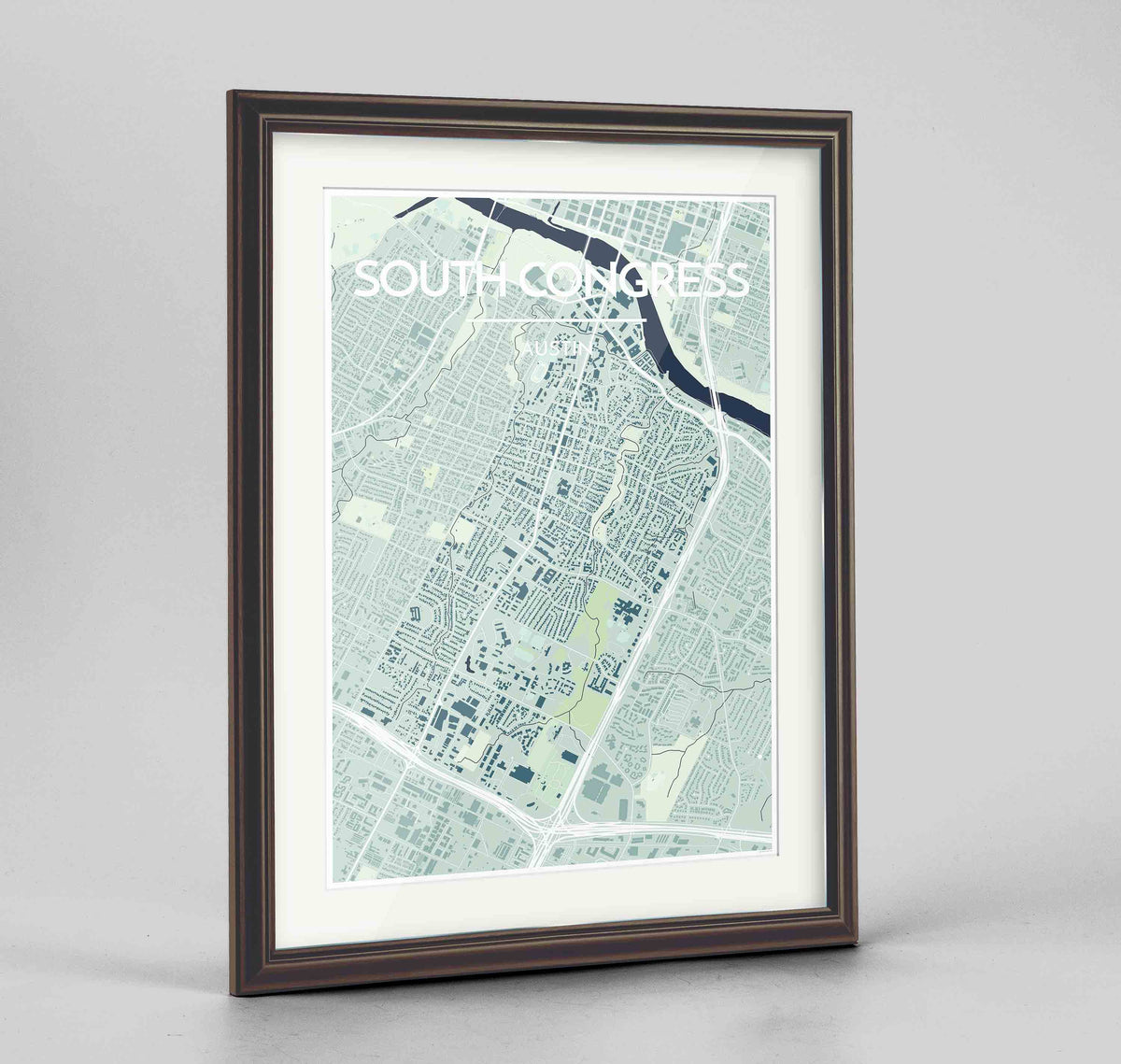 Framed South Congress Neighbourhood of Austin Map Art Print 24x36&quot; Traditional Walnut frame Point Two Design Group