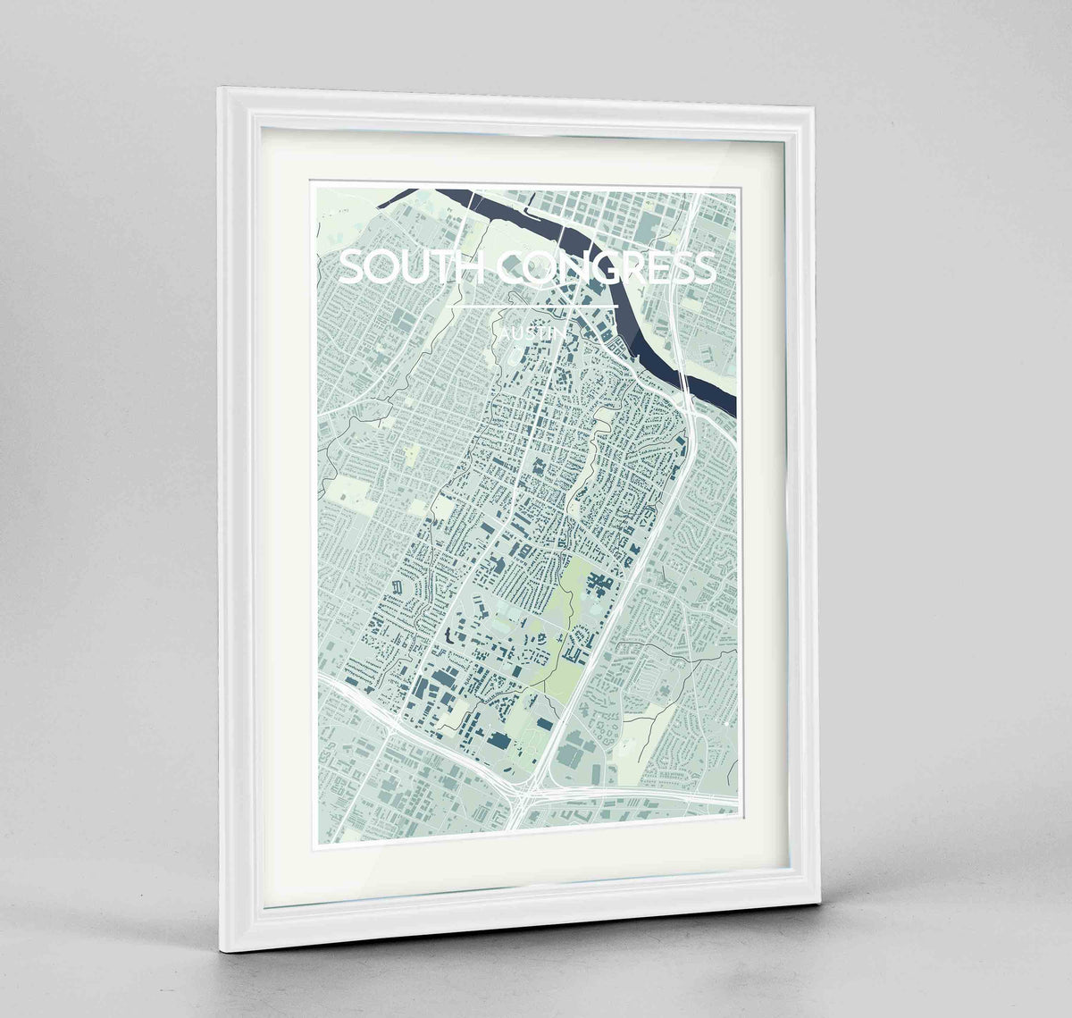 Framed South Congress Neighbourhood of Austin Map Art Print 24x36&quot; Traditional White frame Point Two Design Group