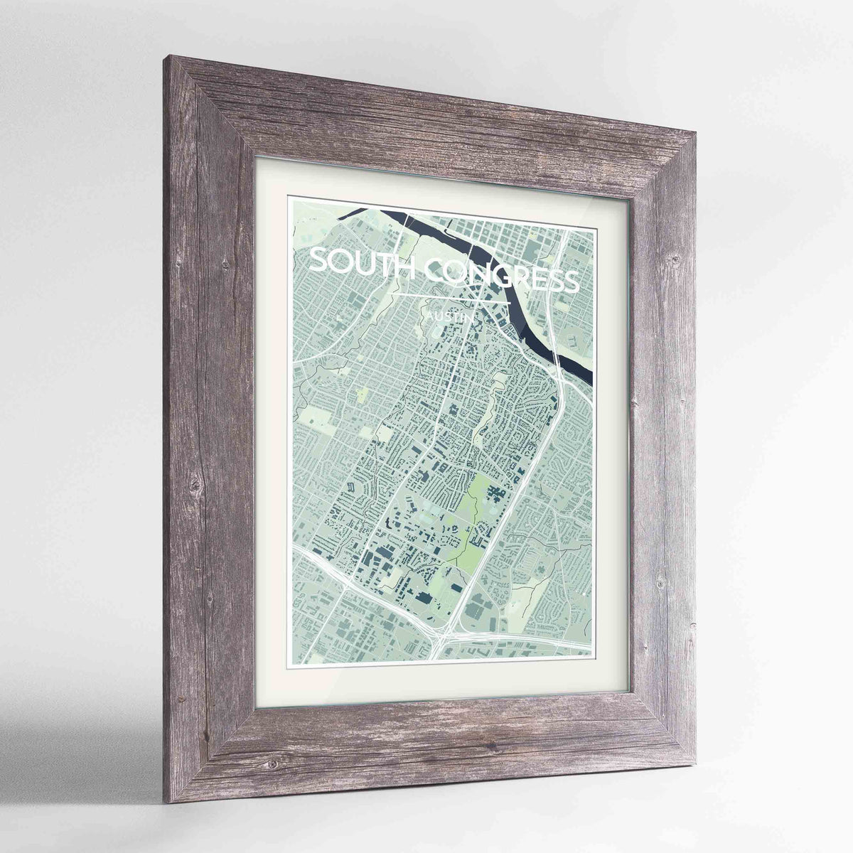 Framed South Congress Neighbourhood of Austin Map Art Print 24x36&quot; Western Grey frame Point Two Design Group