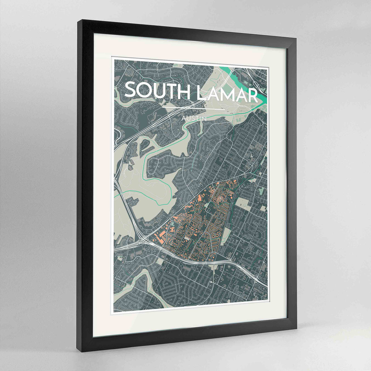 Framed South Lamar Neighbourhood of Austin Map Art Print 24x36&quot; Contemporary Black frame Point Two Design Group