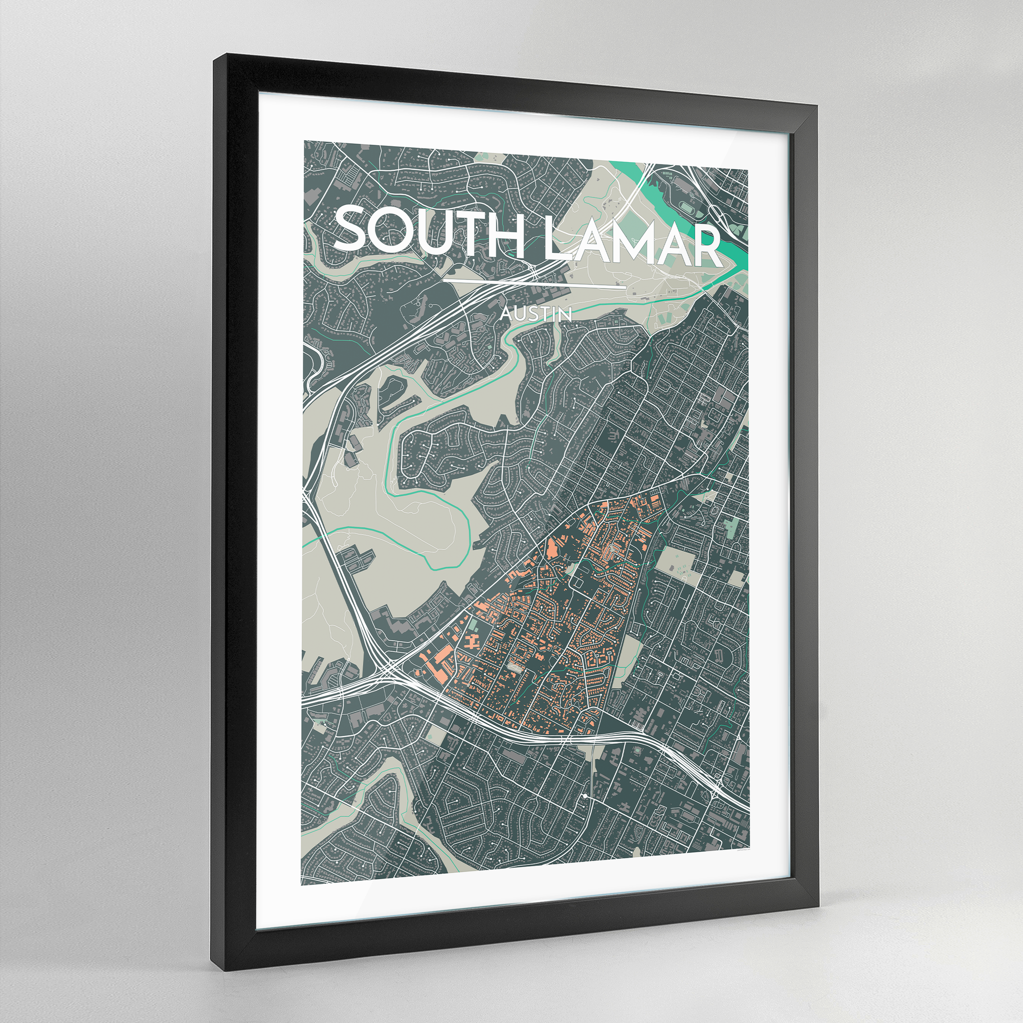 Framed South Lamar Neighbourhood of Austin City Map Art Print - Point Two Design