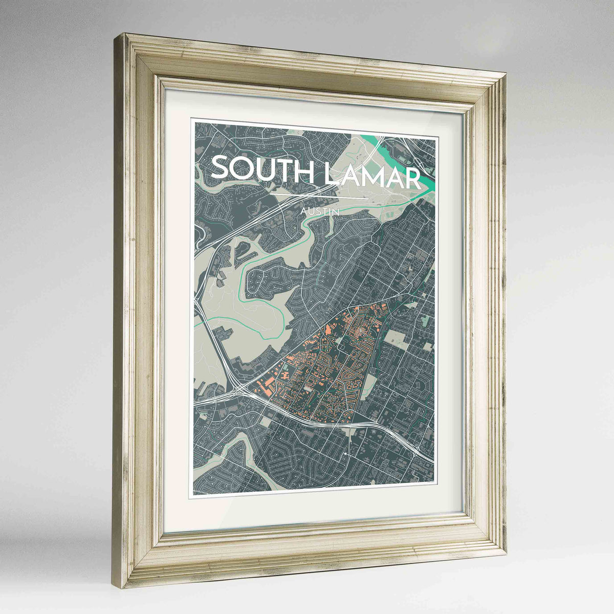Framed South Lamar Neighbourhood of Austin Map Art Print 24x36&quot; Champagne frame Point Two Design Group