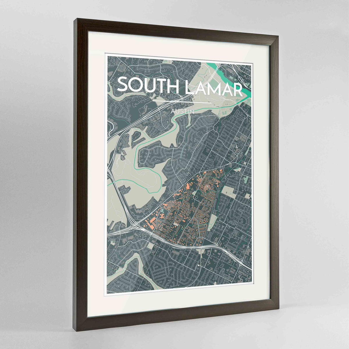 Framed South Lamar Neighbourhood of Austin Map Art Print 24x36&quot; Contemporary Walnut frame Point Two Design Group