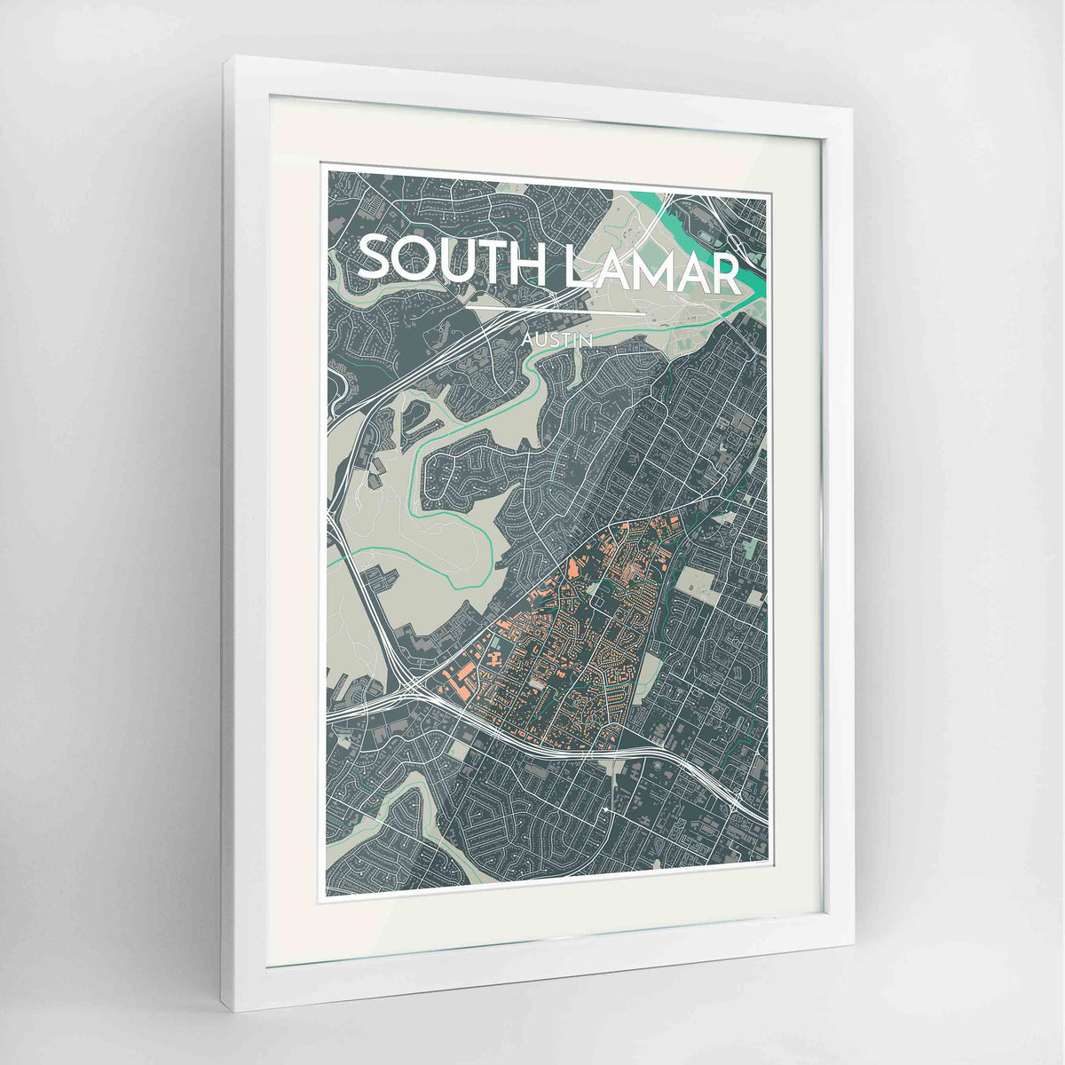 Framed South Lamar Neighbourhood of Austin Map Art Print 24x36&quot; Contemporary White frame Point Two Design Group