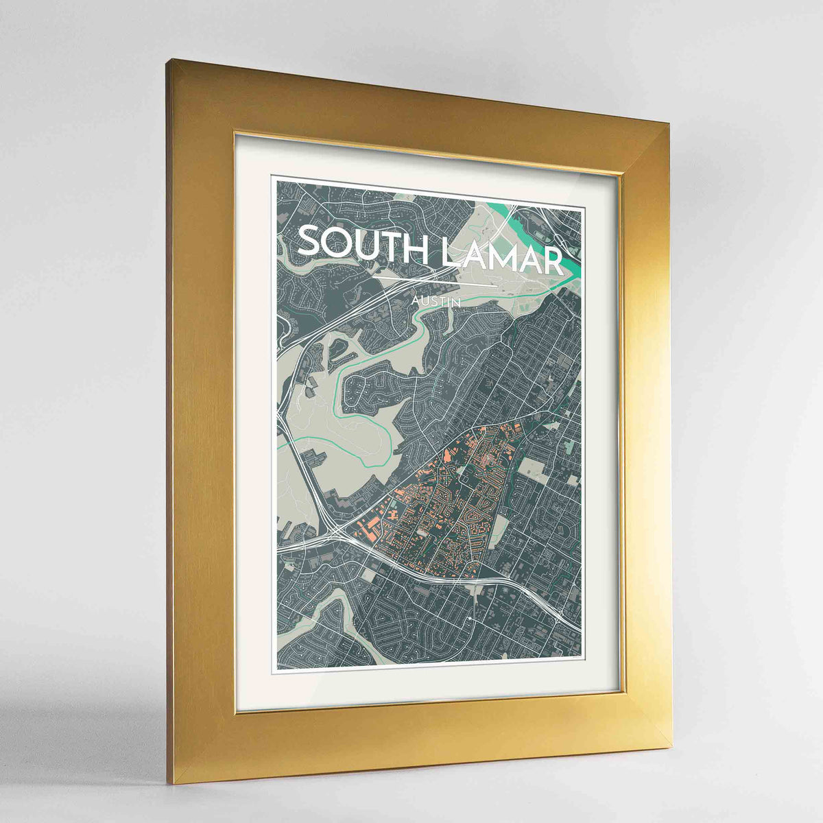 Framed South Lamar Neighbourhood of Austin Map Art Print 24x36&quot; Gold frame Point Two Design Group