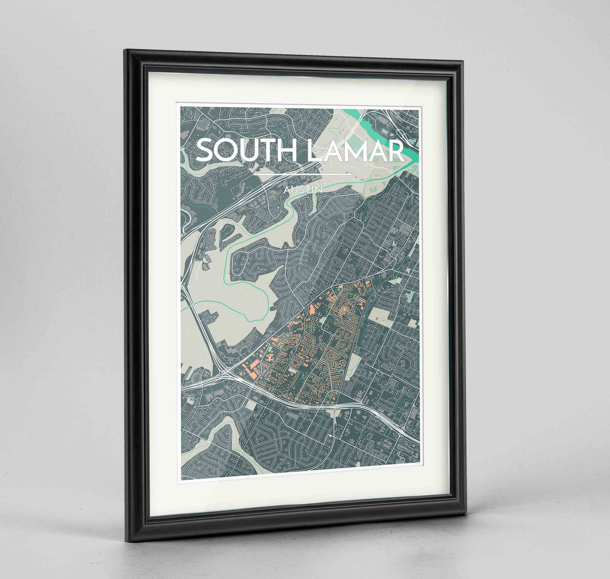 Framed South Lamar Neighbourhood of Austin Map Art Print 24x36&quot; Traditional Black frame Point Two Design Group