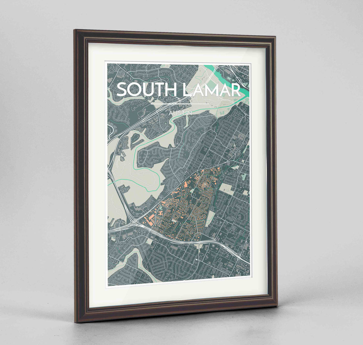 Framed South Lamar Neighbourhood of Austin Map Art Print 24x36&quot; Traditional Walnut frame Point Two Design Group