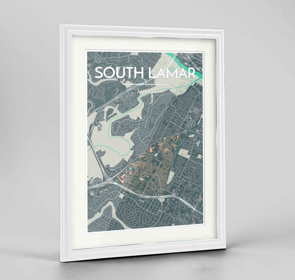 Framed South Lamar Neighbourhood of Austin Map Art Print 24x36&quot; Traditional White frame Point Two Design Group