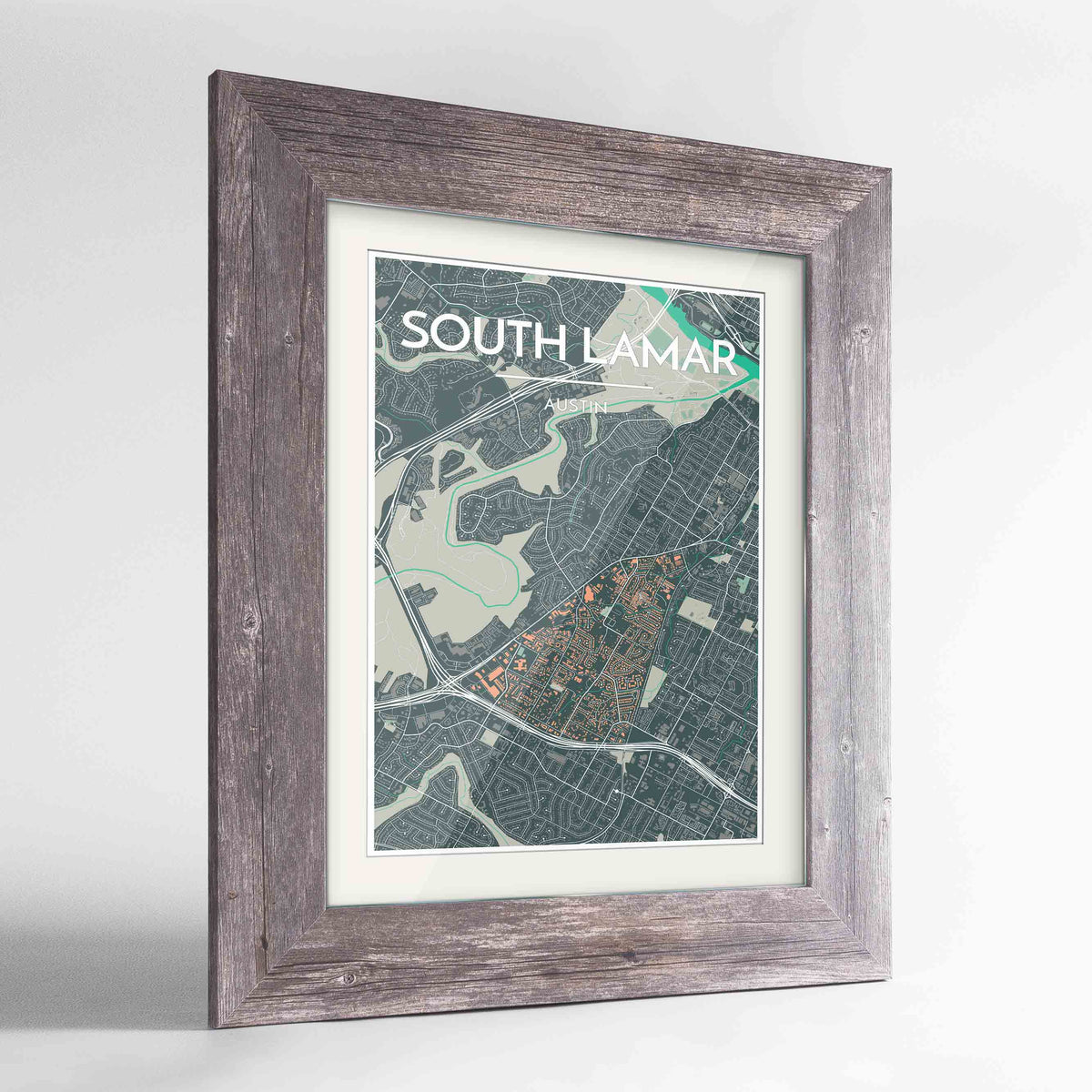 Framed South Lamar Neighbourhood of Austin Map Art Print 24x36&quot; Western Grey frame Point Two Design Group