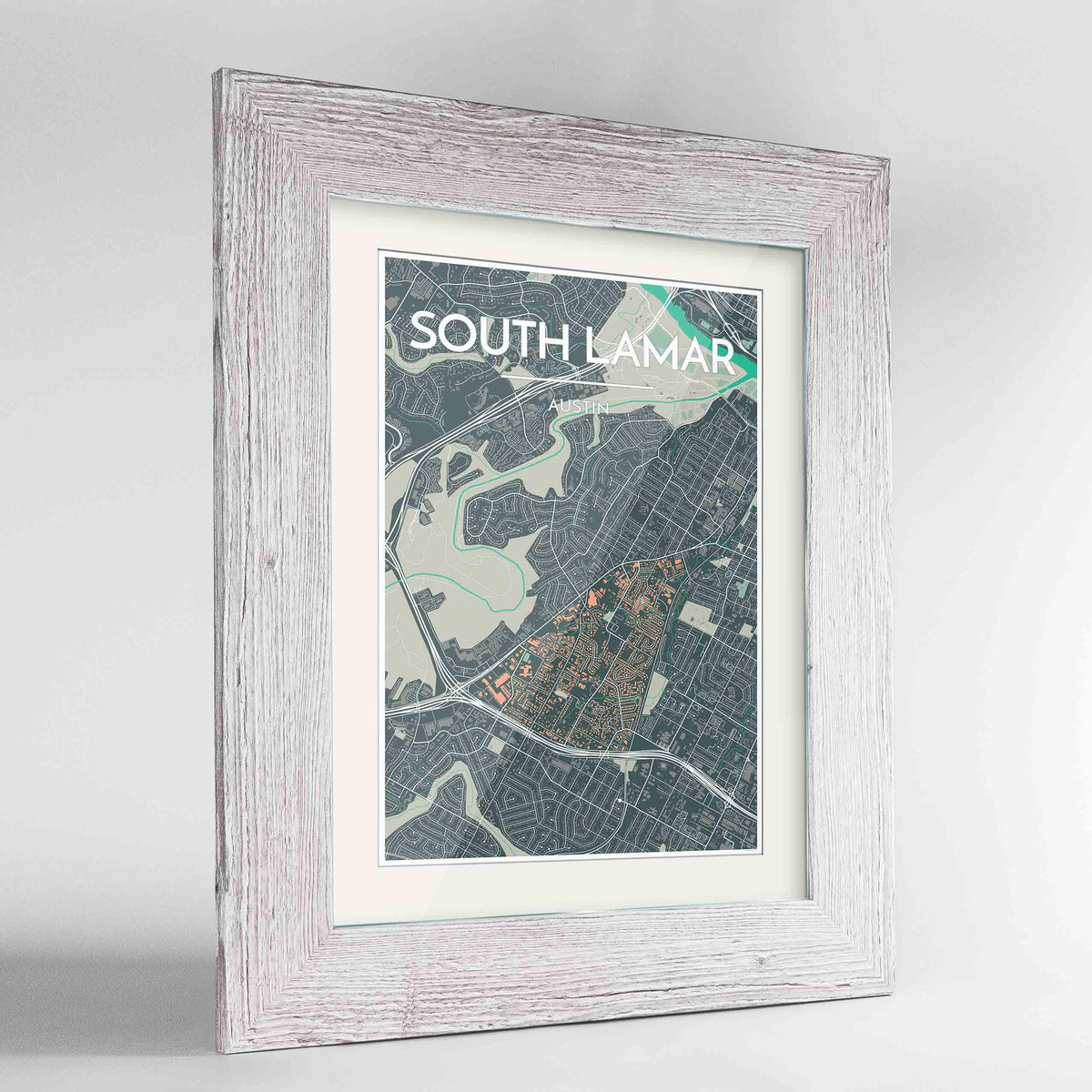 Framed South Lamar Neighbourhood of Austin Map Art Print 24x36&quot; Western White frame Point Two Design Group