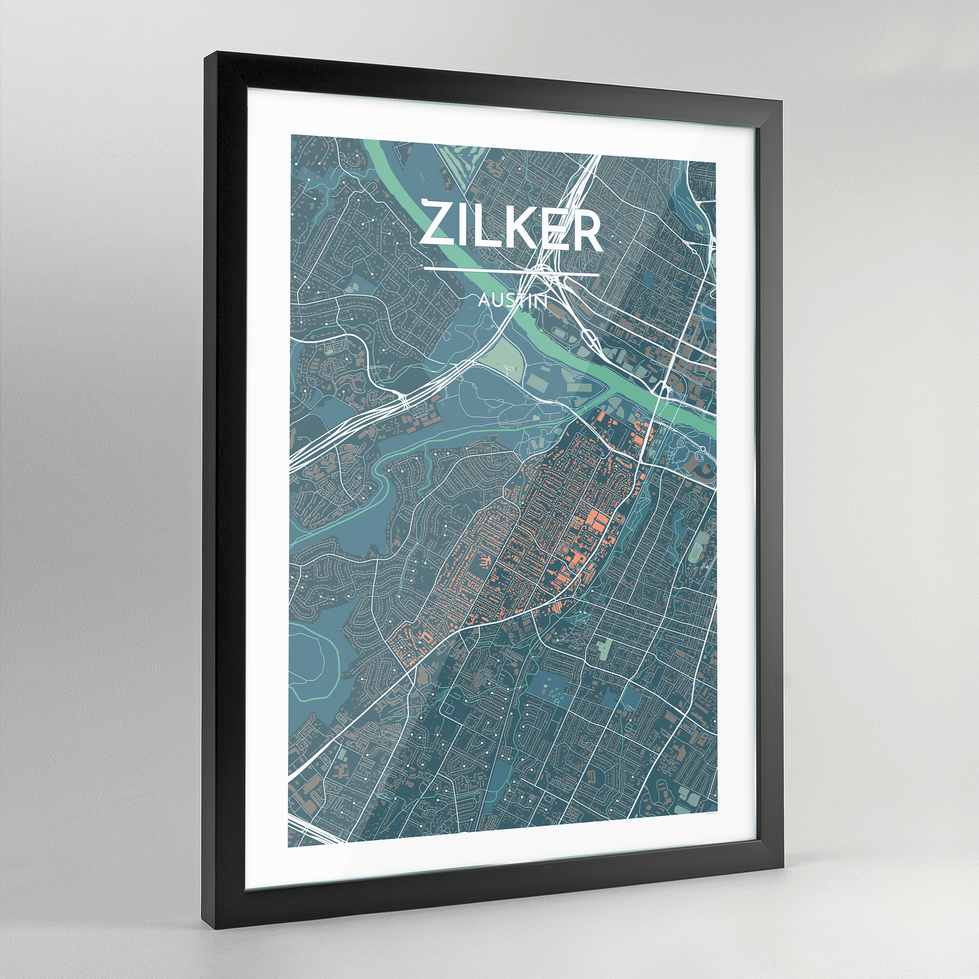Framed Zilker Neighbourhood of Austin City Map Art Print - Point Two Design