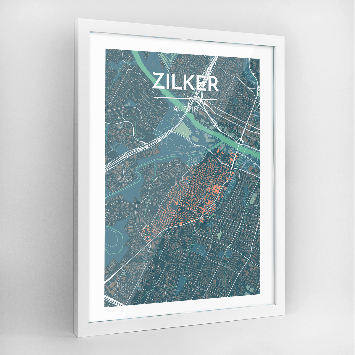 Zilker Neighbourhood of Austin Map Art Print - Framed
