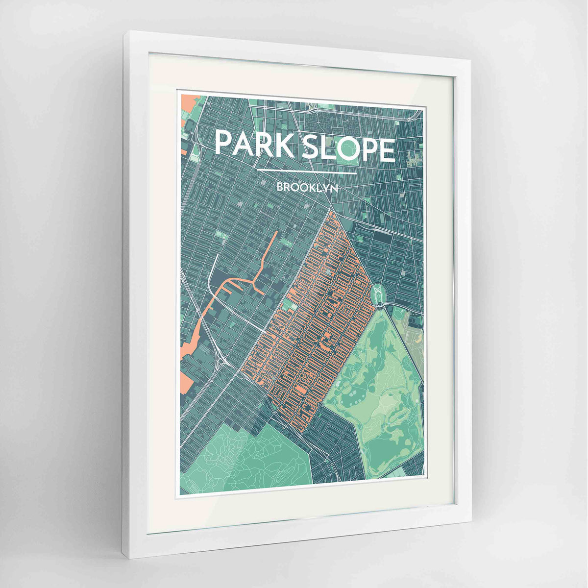 Framed Park Slope Map Art Print 24x36&quot; Contemporary White frame Point Two Design Group