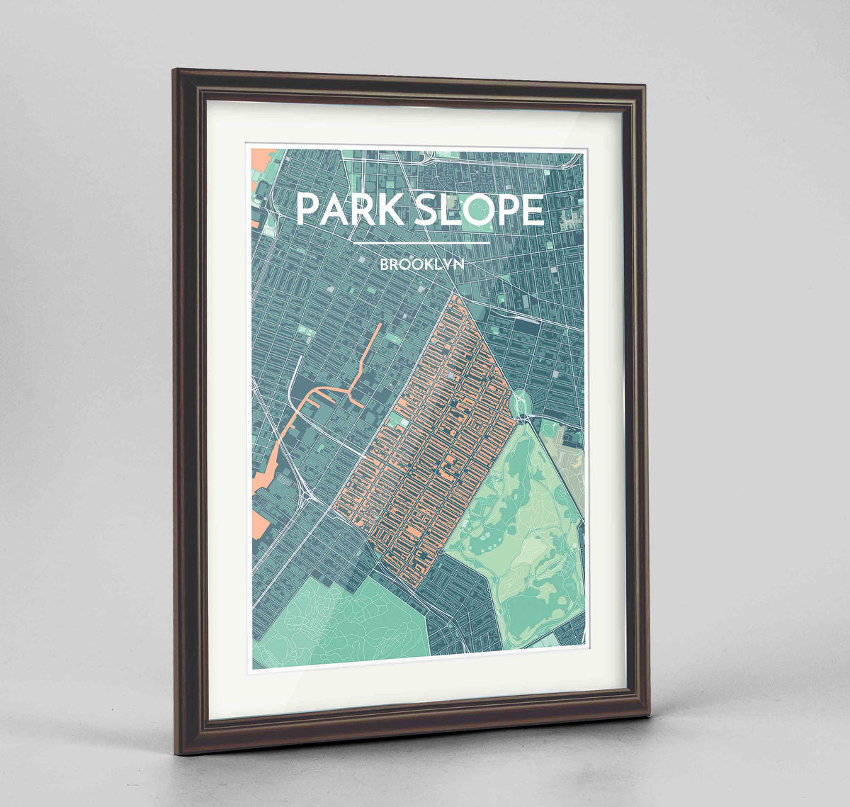 Framed Park Slope Map Art Print 24x36&quot; Traditional Walnut frame Point Two Design Group